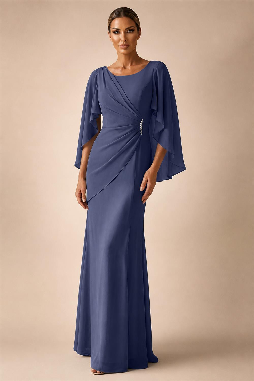 Sheath Chiffon Cape Sleeves Maxi Mother of the Bride & Groom Dresses with Ruched Waist (SHI22500727)