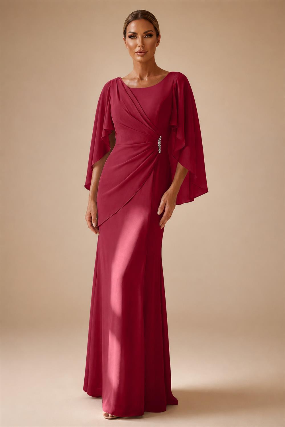 Sheath Chiffon Cape Sleeves Maxi Mother of the Bride & Groom Dresses with Ruched Waist (SHI22500727)