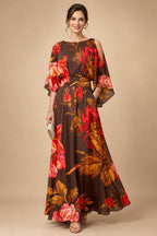 Floral Print A-Line/Princess Scoop Neck Tea-Length Mother of the Bride & Groom Dresses with Tiered Layers & Ruched Waist (SHI22501120)