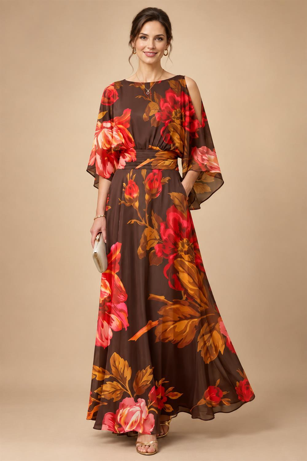 Floral Print A-Line/Princess Scoop Neck Tea-Length Mother of the Bride & Groom Dresses with Tiered Layers & Ruched Waist (SHI22501120)