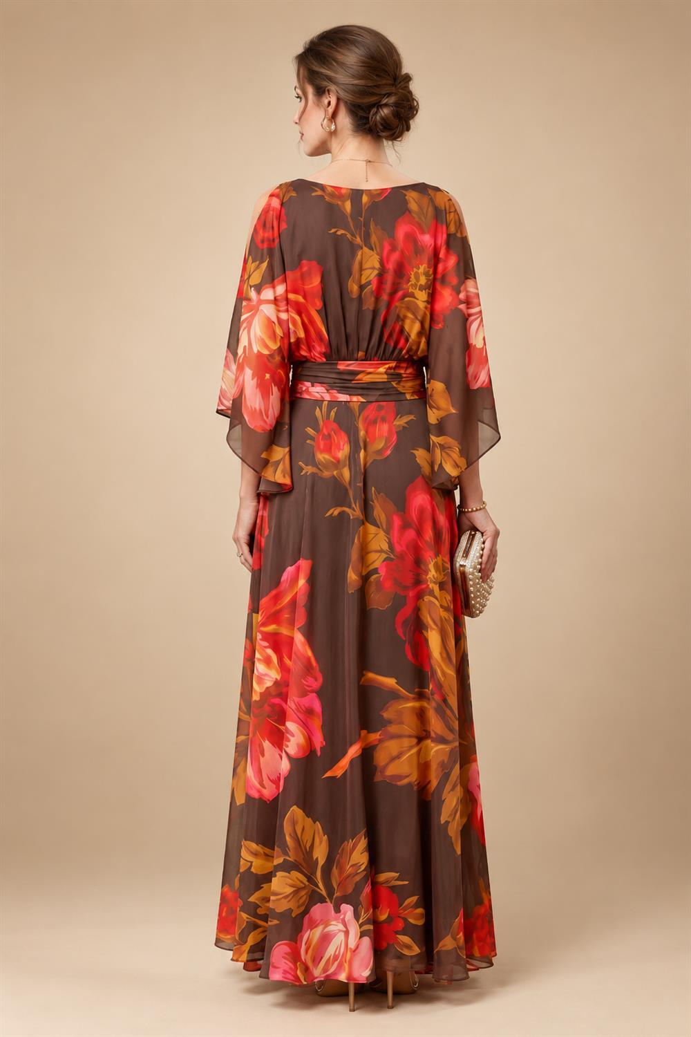Floral Print A-Line/Princess Scoop Neck Tea-Length Mother of the Bride & Groom Dresses with Tiered Layers & Ruched Waist (SHI22501120)