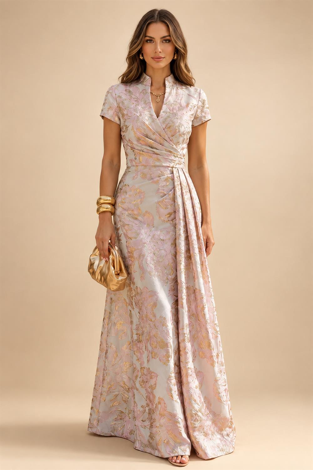 Cape Sleeve Floral Jacquard Satin Tea-Length Ruched Mother of the Bride Dresses 2 Piece (SHIA22500528)