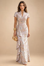 Jacquard Sheath/Column V-Neck Floor-Length Mother of the Bride & Groom Dresses with Ruffles & Ruched Waist (SHI22501060)