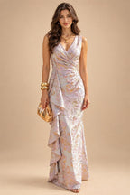 Jacquard Sheath/Column V-Neck Floor-Length Mother of the Bride & Groom Dresses with Ruffles & Ruched Waist (SHI22501060)