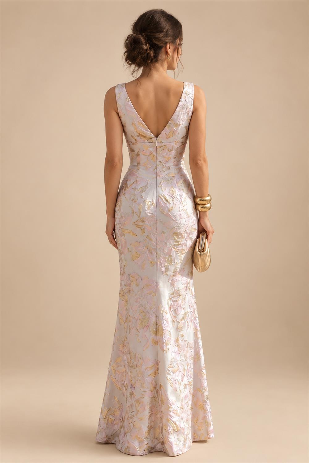 Jacquard Sheath/Column V-Neck Floor-Length Mother of the Bride & Groom Dresses with Ruffles & Ruched Waist (SHI22501060)