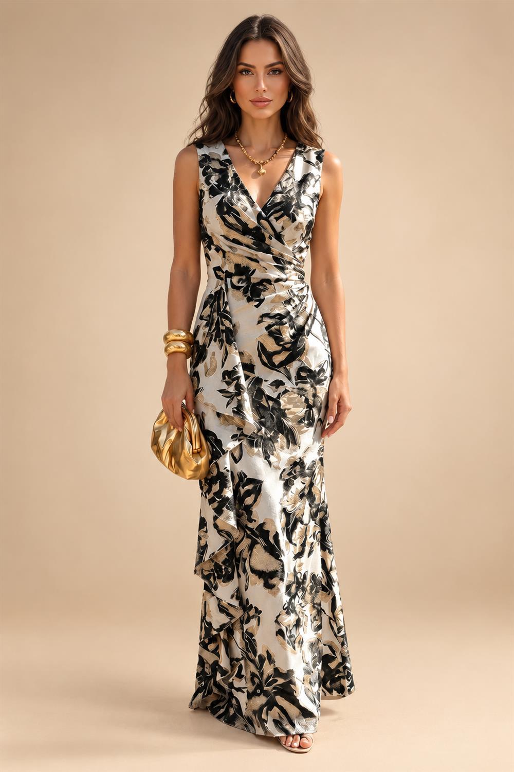Jacquard Sheath/Column V-Neck Floor-Length Mother of the Bride & Groom Dresses with Ruffles & Ruched Waist (SHI22501060)