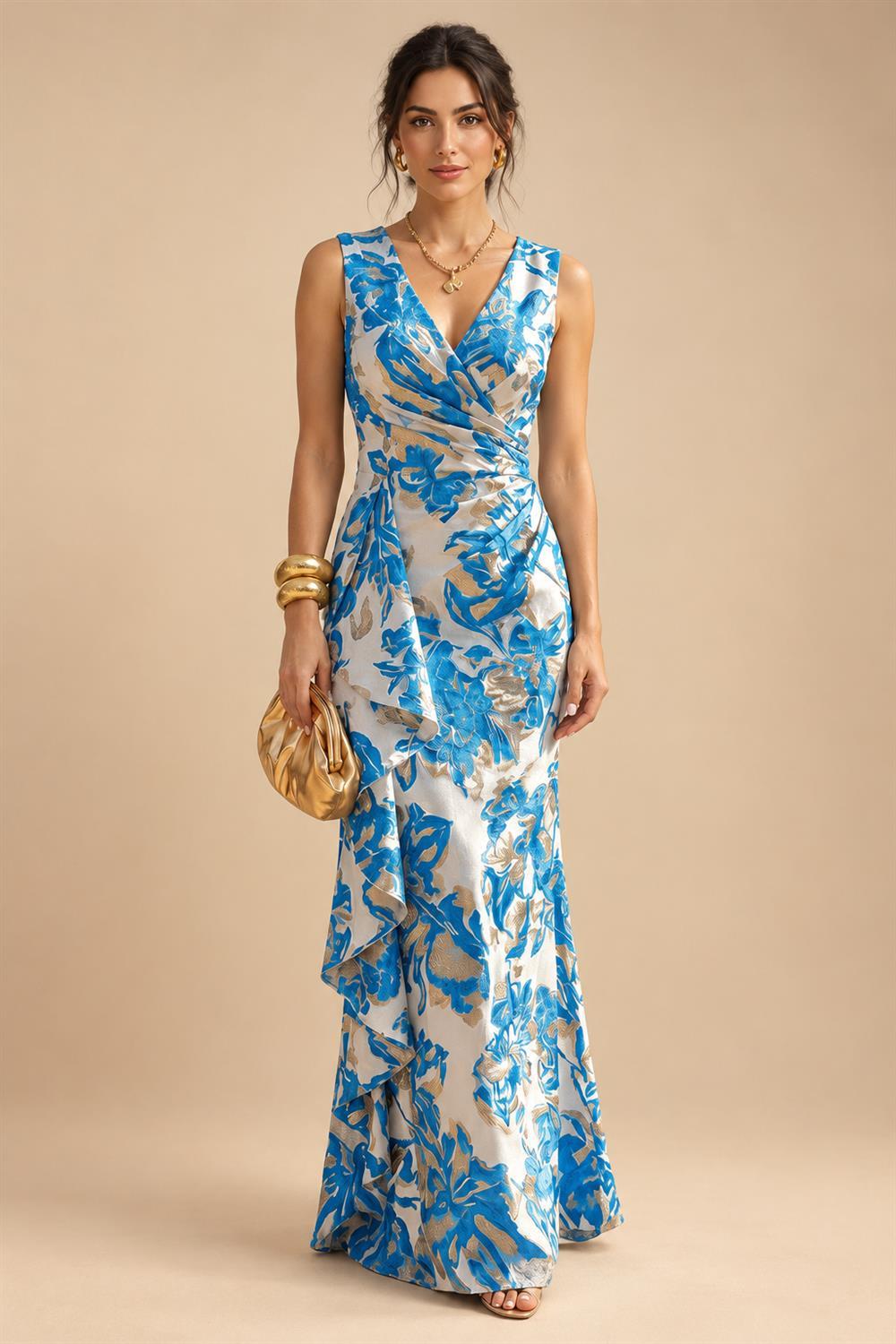 Jacquard Sheath/Column V-Neck Floor-Length Mother of the Bride & Groom Dresses with Ruffles & Ruched Waist (SHI22501060)