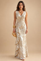 Jacquard Sheath/Column V-Neck Floor-Length Mother of the Bride & Groom Dresses with Ruffles & Ruched Waist (SHI22501060)