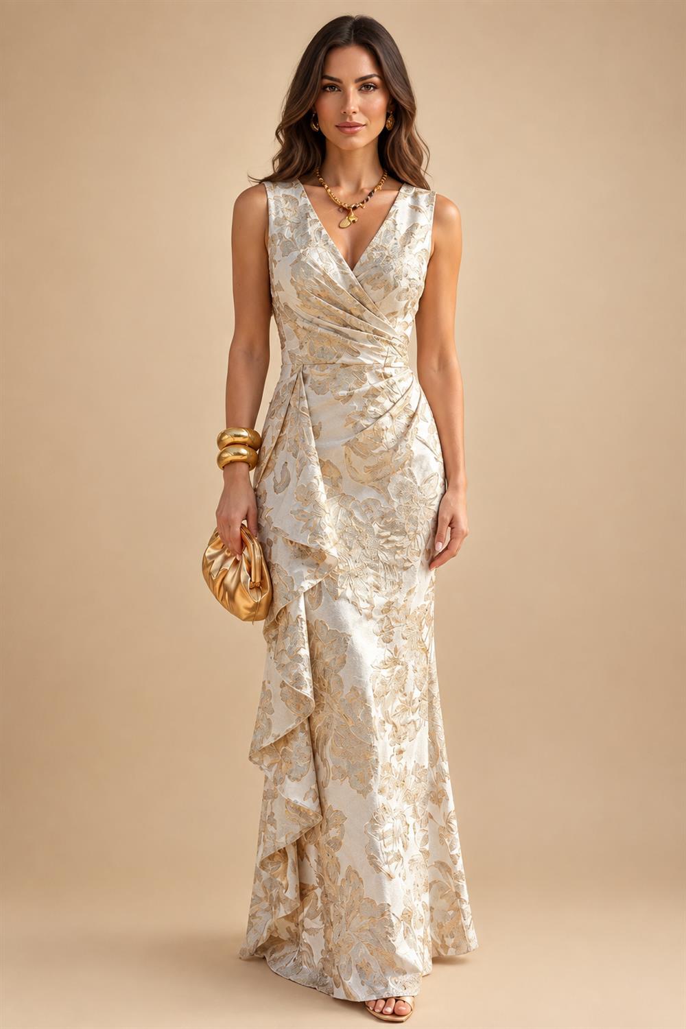 Jacquard Sheath/Column V-Neck Floor-Length Mother of the Bride & Groom Dresses with Ruffles & Ruched Waist (SHI22501060)