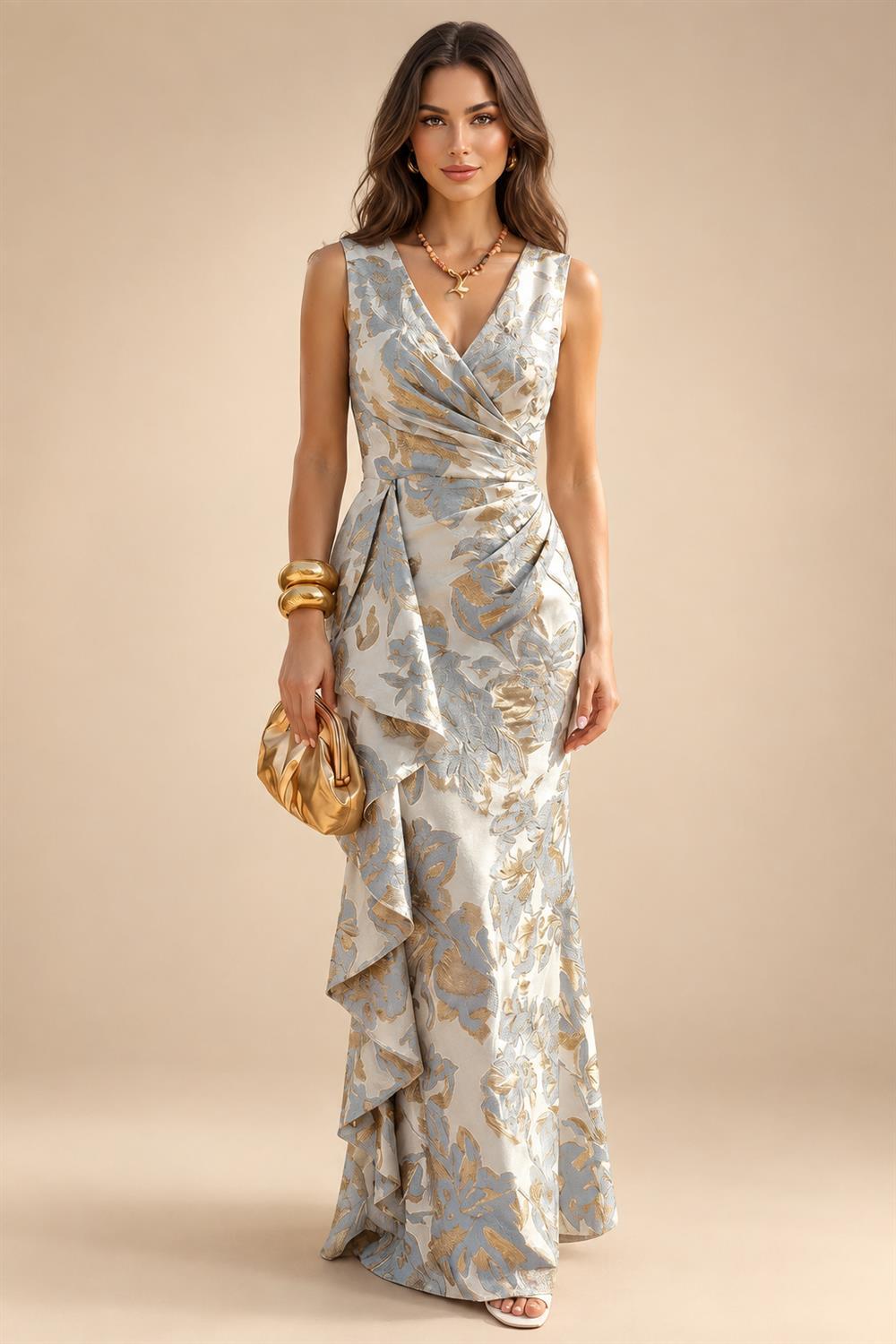Jacquard Sheath/Column V-Neck Floor-Length Mother of the Bride & Groom Dresses with Ruffles & Ruched Waist (SHI22501060)