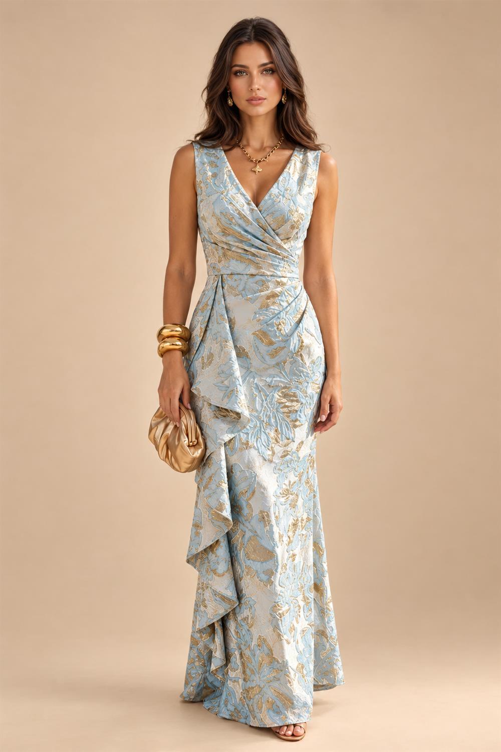 Jacquard Sheath/Column V-Neck Floor-Length Mother of the Bride & Groom Dresses with Ruffles & Ruched Waist (SHI22501060)