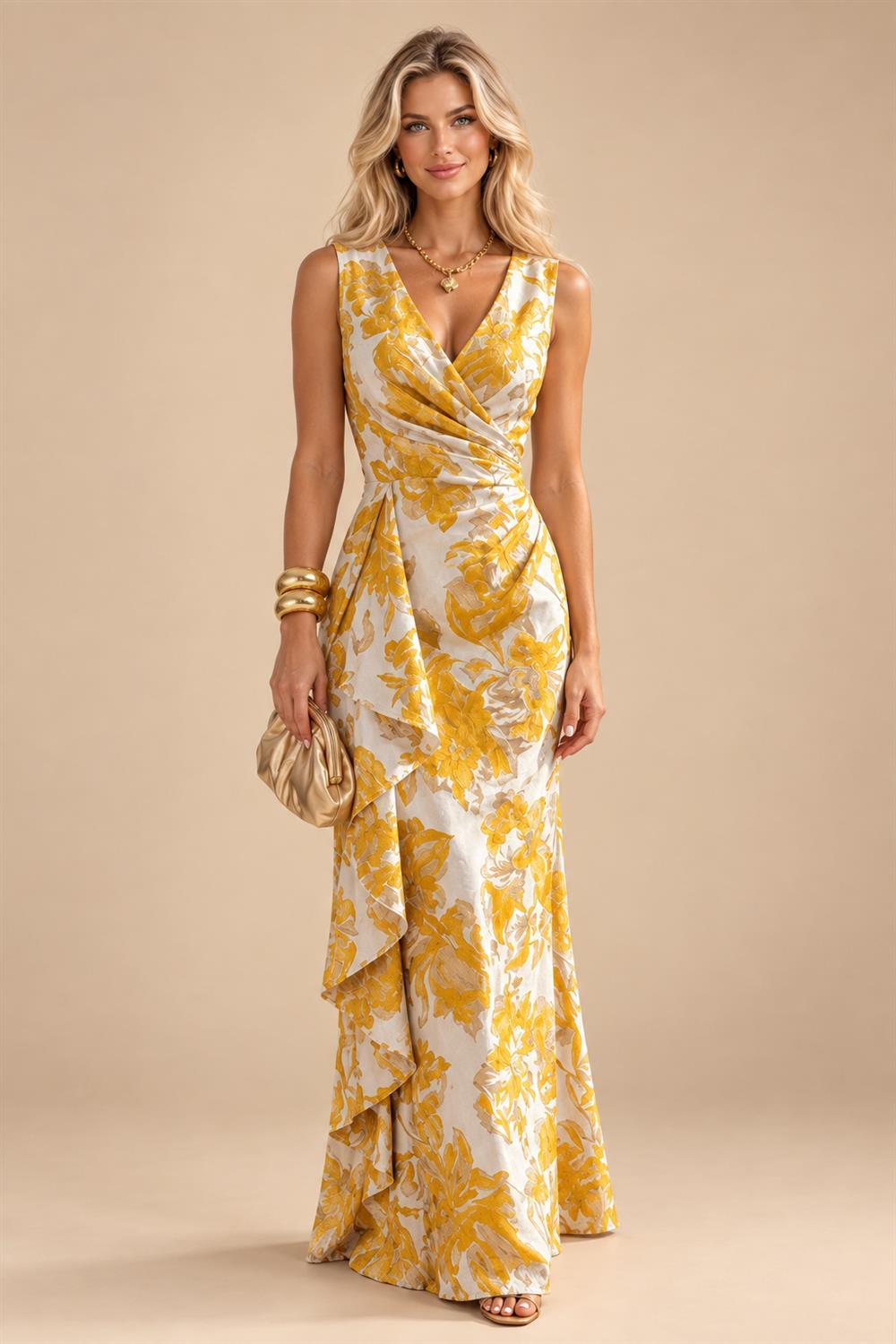 Jacquard Sheath/Column V-Neck Floor-Length Mother of the Bride & Groom Dresses with Ruffles & Ruched Waist (SHI22501060)
