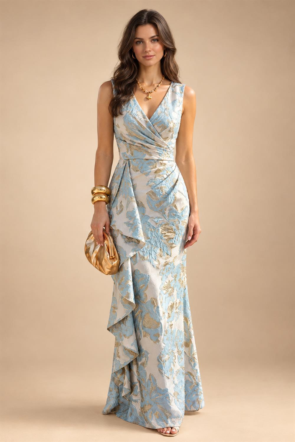 Jacquard Sheath/Column V-Neck Floor-Length Mother of the Bride & Groom Dresses with Ruffles & Ruched Waist (SHI22501060)