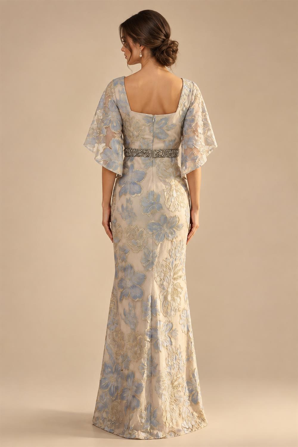 Cape Sleeve Floral Jacquard Satin Tea-Length Ruched Mother of the Bride Dresses 2 Piece (SHIA22500528)