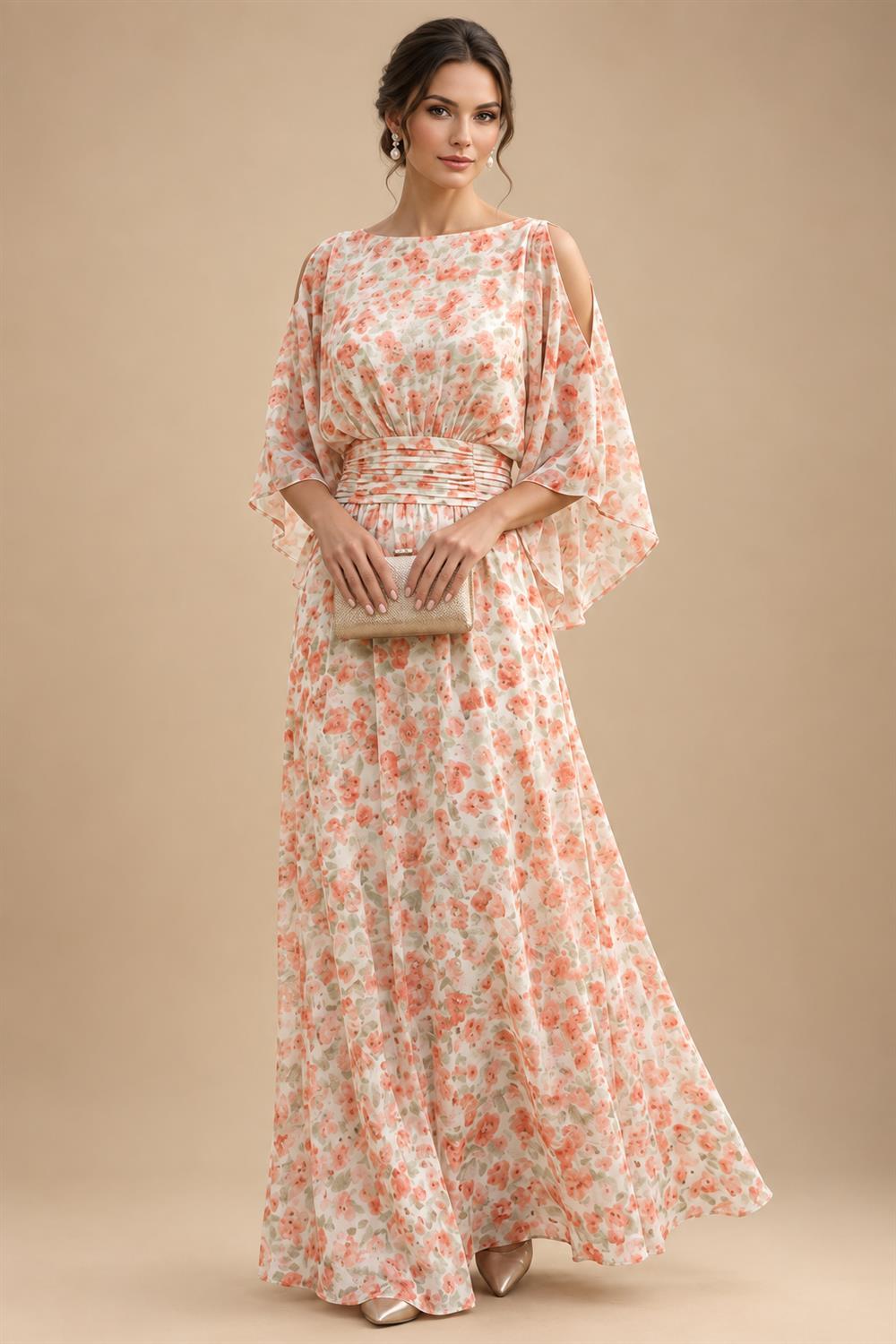 Floral Print A-Line/Princess Scoop Neck Tea-Length Mother of the Bride & Groom Dresses with Tiered Layers & Ruched Waist (SHI22501120)