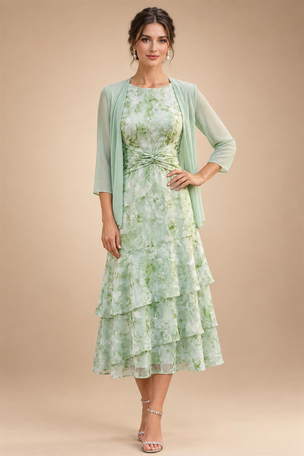 Floral Print A-Line/Princess Scoop Neck Tea-Length Mother of the Bride & Groom Dresses with Tiered Layers & Ruched Waist (SHI22501120)