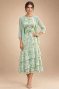 Floral Print A-Line/Princess Scoop Neck Tea-Length Mother of the Bride & Groom Dresses with Tiered Layers & Ruched Waist (SHI22501120)