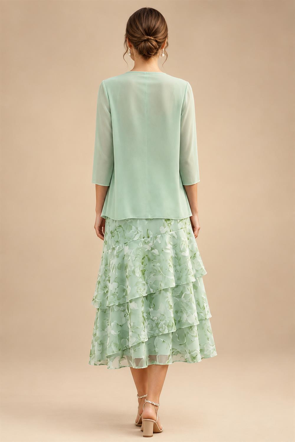 Floral Print A-Line/Princess Scoop Neck Tea-Length Mother of the Bride & Groom Dresses with Tiered Layers & Ruched Waist (SHI22501120)
