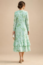 Floral Print A-Line/Princess Scoop Neck Tea-Length Mother of the Bride & Groom Dresses with Tiered Layers & Ruched Waist (SHI22501120)