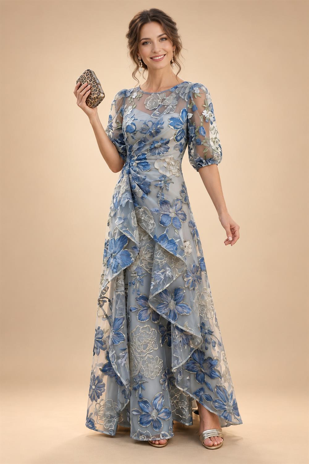 Sheath/Column V-Neck Jacquard Maxi Mother of the Bride & Groom Dresses with Ruffles & Slit (SHI25001047)
