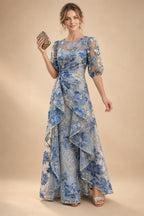 A-Line Chiffon Floral Print 3/4 Cape Sleeves Tiered Mother of the Bride & Groom Dresses with Beaded Waist Embellishment (SHI22500669)
