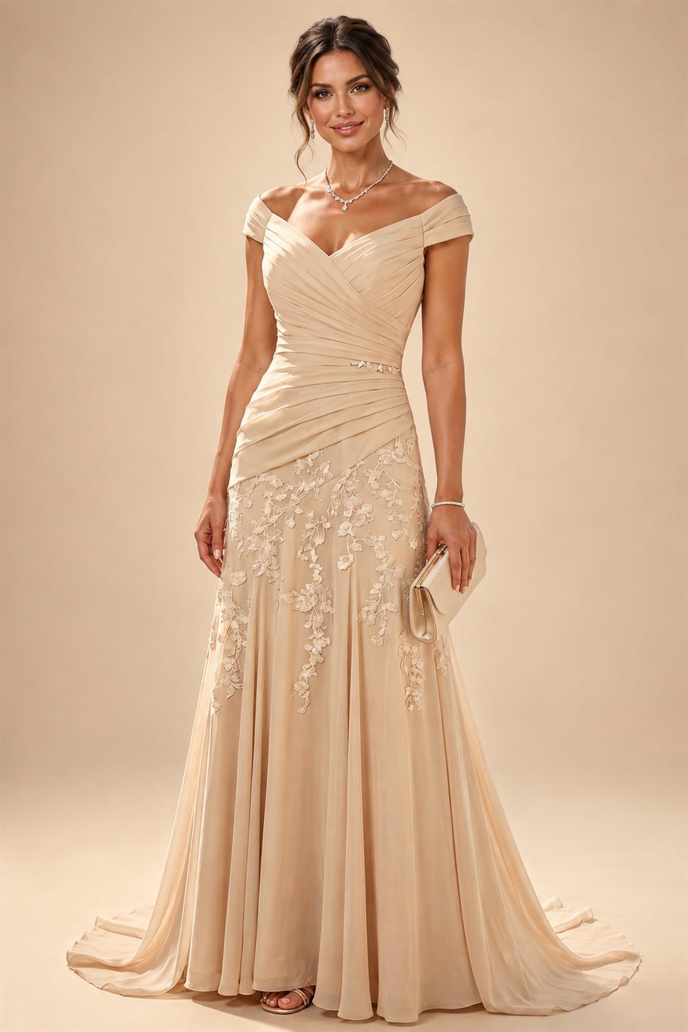 A-Line/Princess Off Shoulder Chiffon Floor-Length Mother of the Bride & Groom Dresses with Lace Appliques & Pleats (SHI22501566)