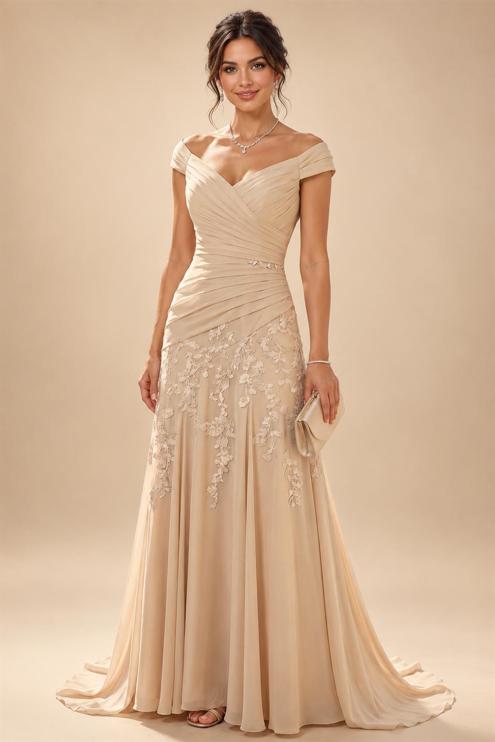 Sheath/Column Off Shoulder Chiffon Floor-Length Mother of the Bride & Groom Dresses with Lace Appliques (SHI22501551)