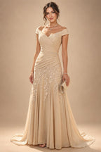 A-Line/Princess Off Shoulder Chiffon Floor-Length Mother of the Bride & Groom Dresses with Sequin, Lace Appliques & Pleats (SHI22501662)