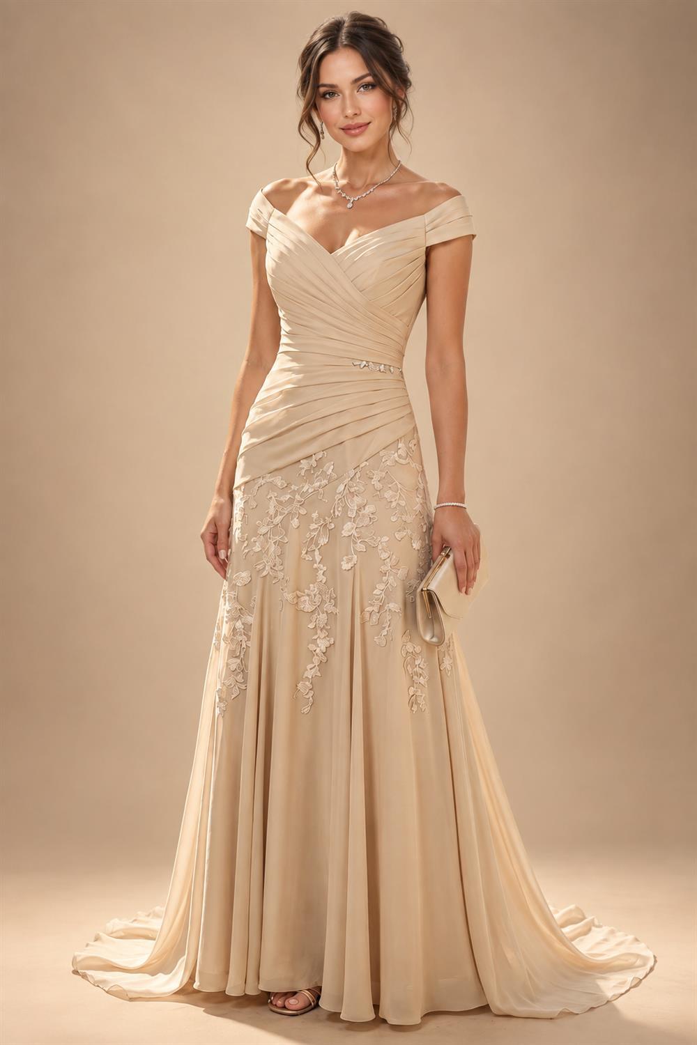 A-Line/Princess Off Shoulder Chiffon Floor-Length Mother of the Bride & Groom Dresses with Sequin, Lace Appliques & Pleats (SHI22501662)