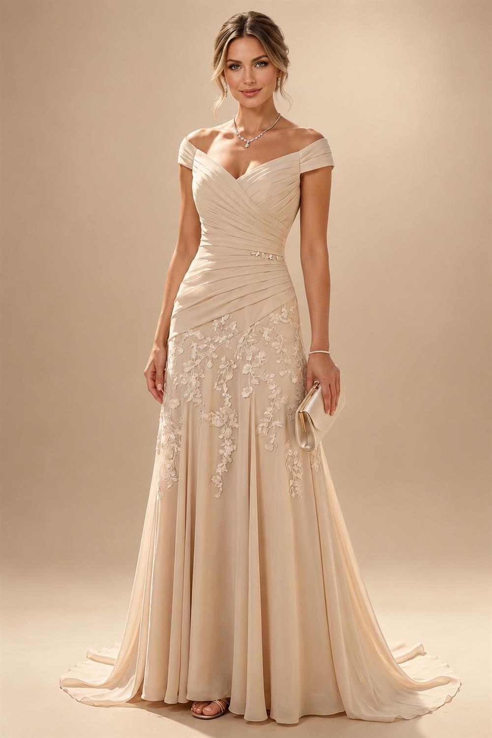A-Line/Princess Off Shoulder Chiffon Maxi Mother of the Bride & Groom Dresses with Lace Appliques, Rhinestone & Pleats (SHI22501655)