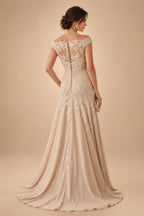 Chiffon Lace A-Line/Princess Off Shoulder Long Mother of the Bride & Groom Dresses with Ruched Waist & Sweep Train (SHI22501250)