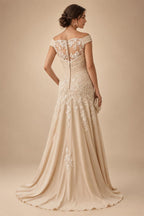 A-Line/Princess Off Shoulder Chiffon Floor-Length Mother of the Bride & Groom Dresses with Sequin, Lace Appliques & Pleats (SHI22501662)