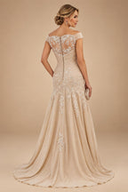 A-Line/Princess Off Shoulder Chiffon Maxi Mother of the Bride & Groom Dresses with Lace Appliques, Rhinestone & Pleats (SHI22501655)