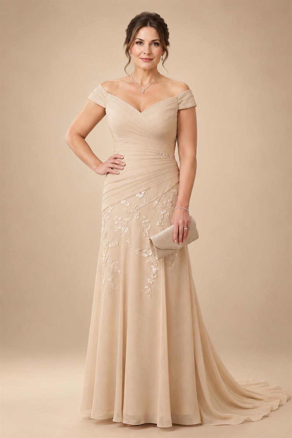 Chiffon Lace A-Line/Princess Off Shoulder Long Mother of the Bride & Groom Dresses with Ruched Waist & Sweep Train (SHI22501250)