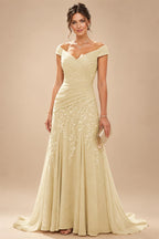 Chiffon Lace A-Line/Princess Off Shoulder Long Mother of the Bride & Groom Dresses with Ruched Waist & Sweep Train (SHI22501250)