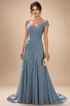 Chiffon Lace A-Line/Princess Off Shoulder Long Mother of the Bride & Groom Dresses with Ruched Waist & Sweep Train (SHI22501250)