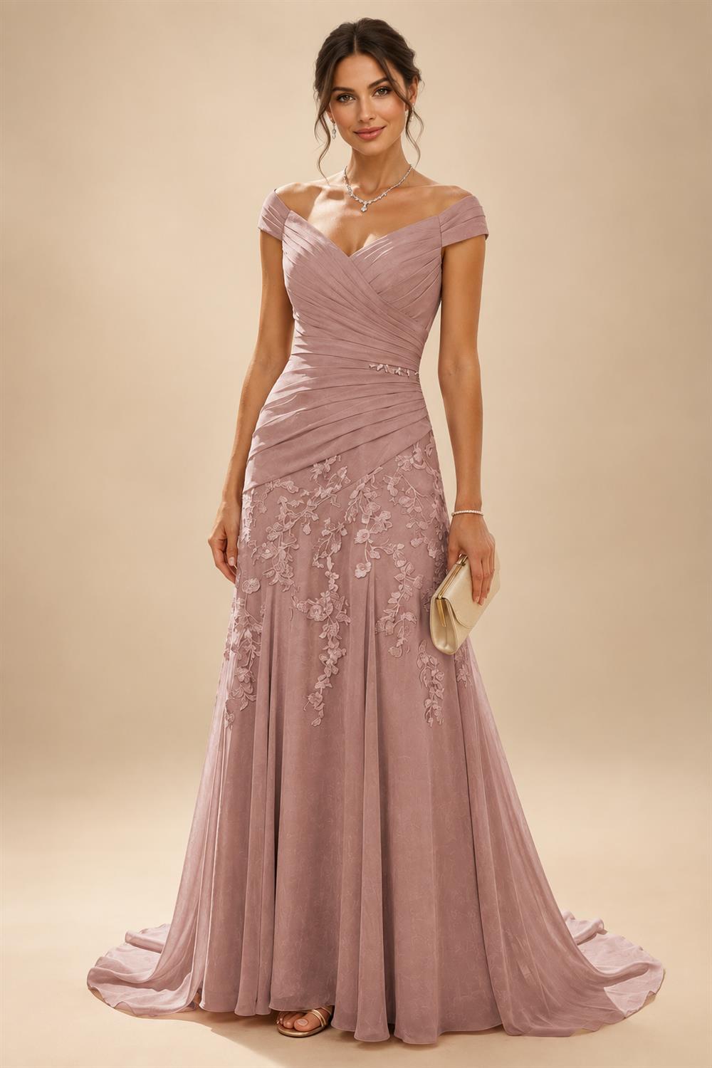 Chiffon Lace A-Line/Princess Off Shoulder Long Mother of the Bride & Groom Dresses with Ruched Waist & Sweep Train (SHI22501250)