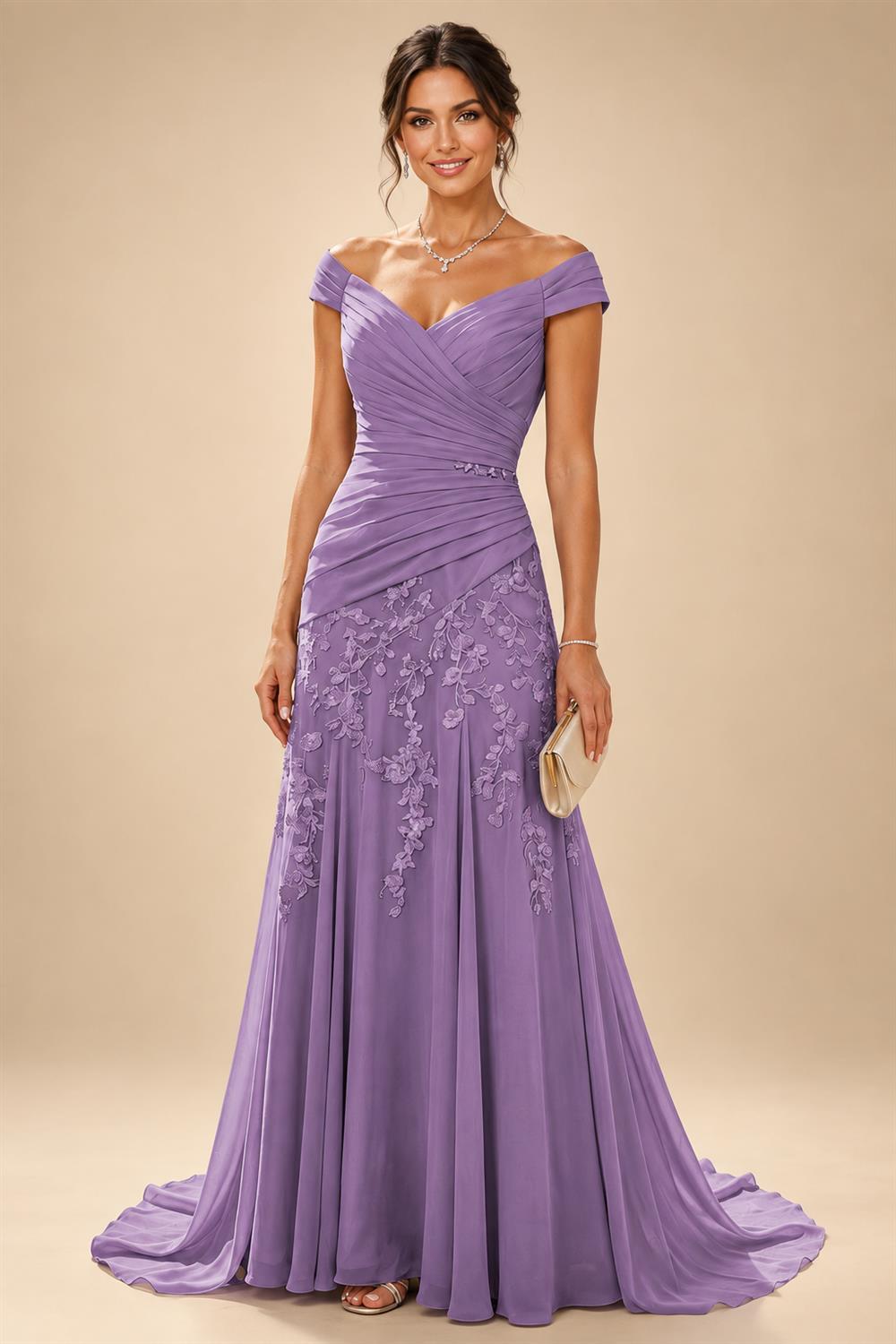 Chiffon Lace A-Line/Princess Off Shoulder Long Mother of the Bride & Groom Dresses with Ruched Waist & Sweep Train (SHI22501250)
