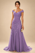 Chiffon Lace A-Line/Princess Off Shoulder Long Mother of the Bride & Groom Dresses with Ruched Waist & Sweep Train (SHI22501250)