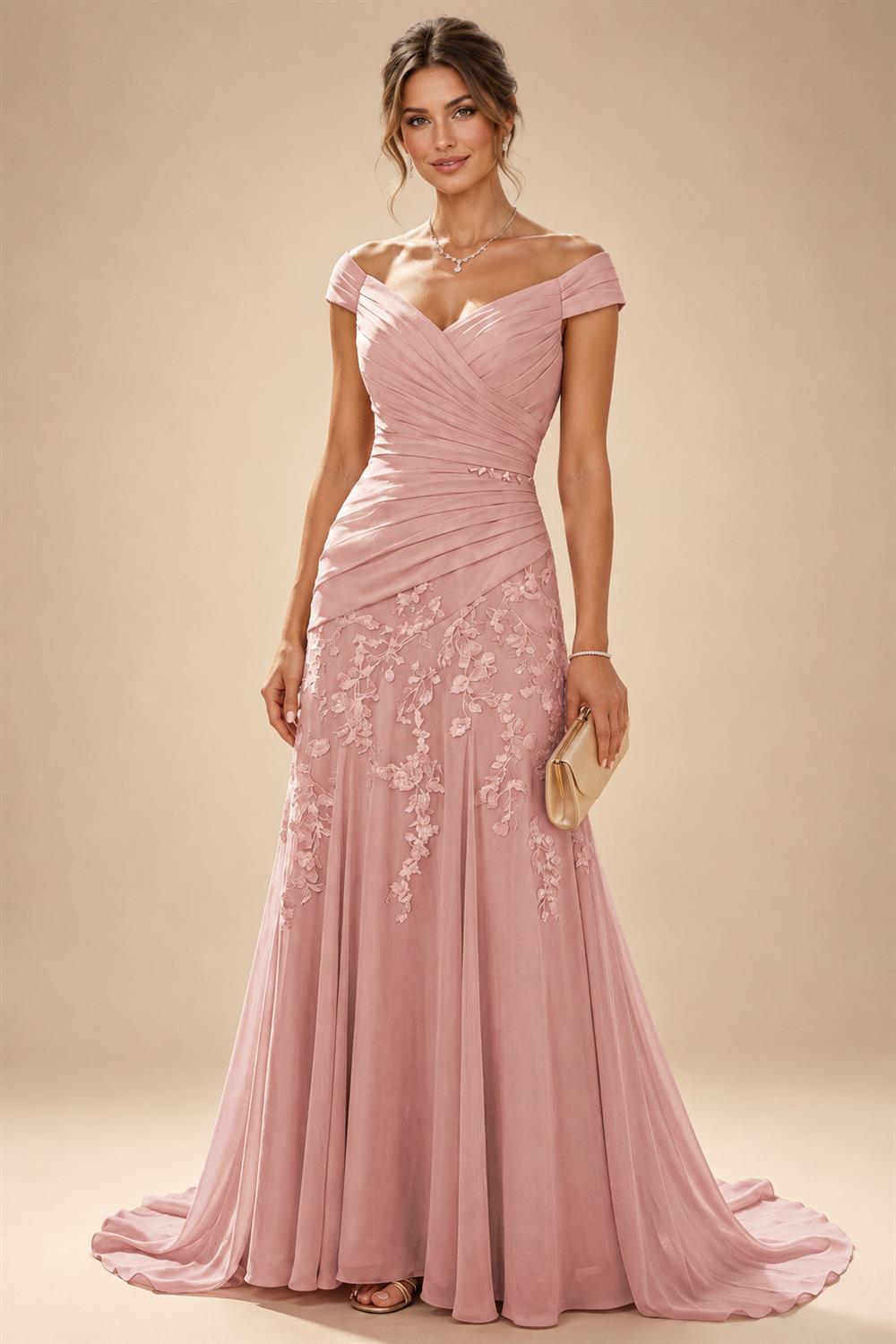 Chiffon Lace A-Line/Princess Off Shoulder Long Mother of the Bride & Groom Dresses with Ruched Waist & Sweep Train (SHI22501250)