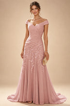 Chiffon Lace A-Line/Princess Off Shoulder Long Mother of the Bride & Groom Dresses with Ruched Waist & Sweep Train (SHI22501250)