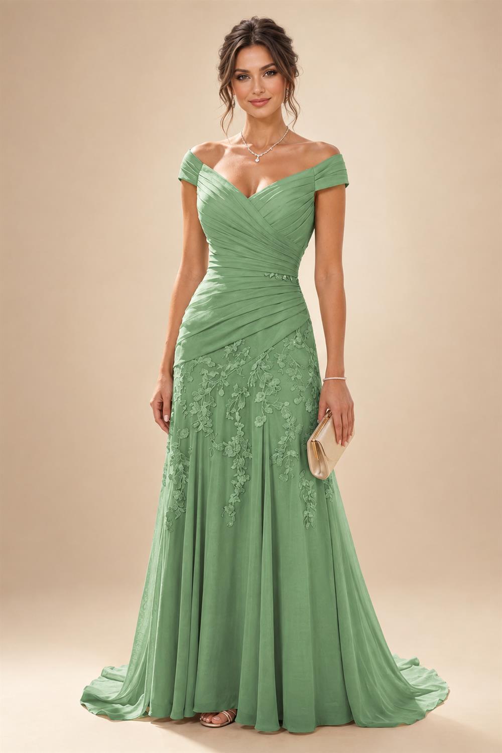 Chiffon Lace A-Line/Princess Off Shoulder Long Mother of the Bride & Groom Dresses with Ruched Waist & Sweep Train (SHI22501250)