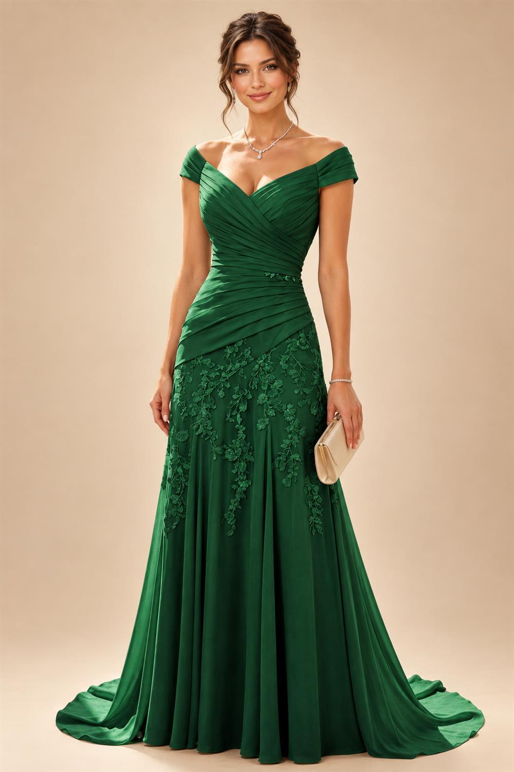 Chiffon Lace A-Line/Princess Off Shoulder Long Mother of the Bride & Groom Dresses with Ruched Waist & Sweep Train (SHI22501250)