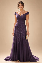 Chiffon Lace A-Line/Princess Off Shoulder Long Mother of the Bride & Groom Dresses with Ruched Waist & Sweep Train (SHI22501250)