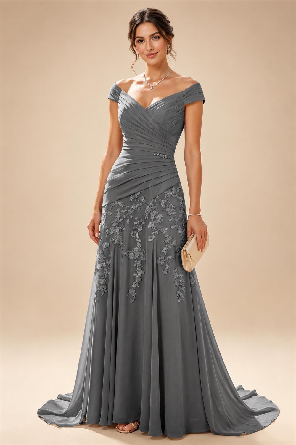 Chiffon Lace A-Line/Princess Off Shoulder Long Mother of the Bride & Groom Dresses with Ruched Waist & Sweep Train (SHI22501250)