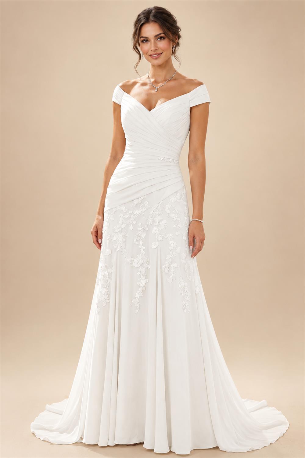 Chiffon Lace A-Line/Princess Off Shoulder Long Mother of the Bride & Groom Dresses with Ruched Waist & Sweep Train (SHI22501250)