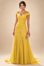 Chiffon Lace A-Line/Princess Off Shoulder Long Mother of the Bride & Groom Dresses with Ruched Waist & Sweep Train (SHI22501250)