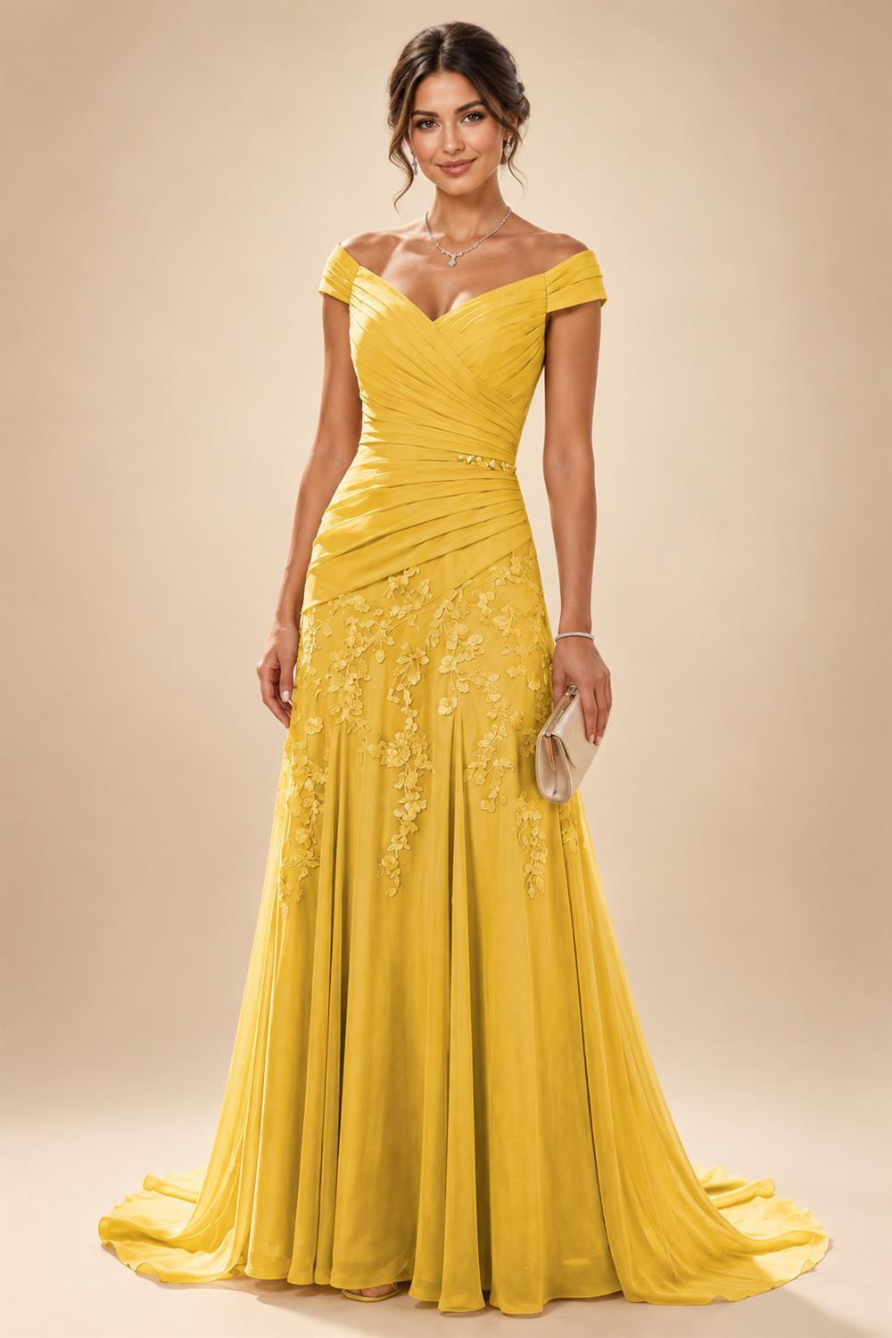 Chiffon Lace A-Line/Princess Off Shoulder Long Mother of the Bride & Groom Dresses with Ruched Waist & Sweep Train (SHI22501250)