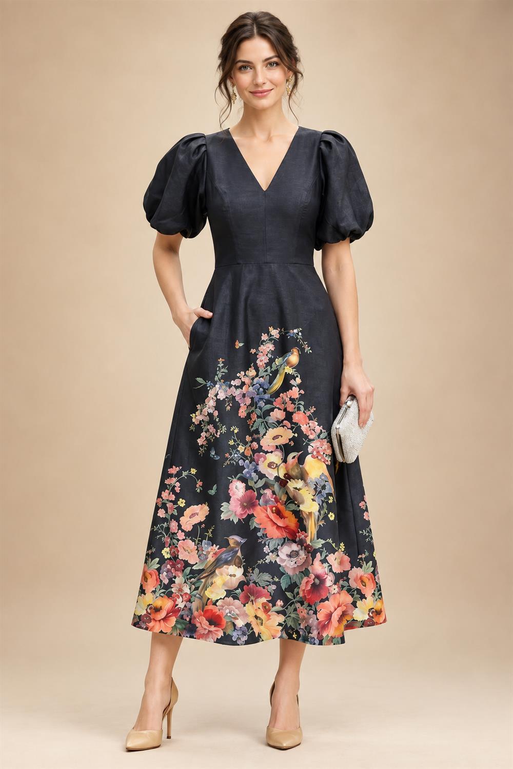 Floral Print A-Line/Princess V-Neck Tea-Length Mother of the Bride & Groom Dresses with Ruched Waist & Pockets (SHI22501150)