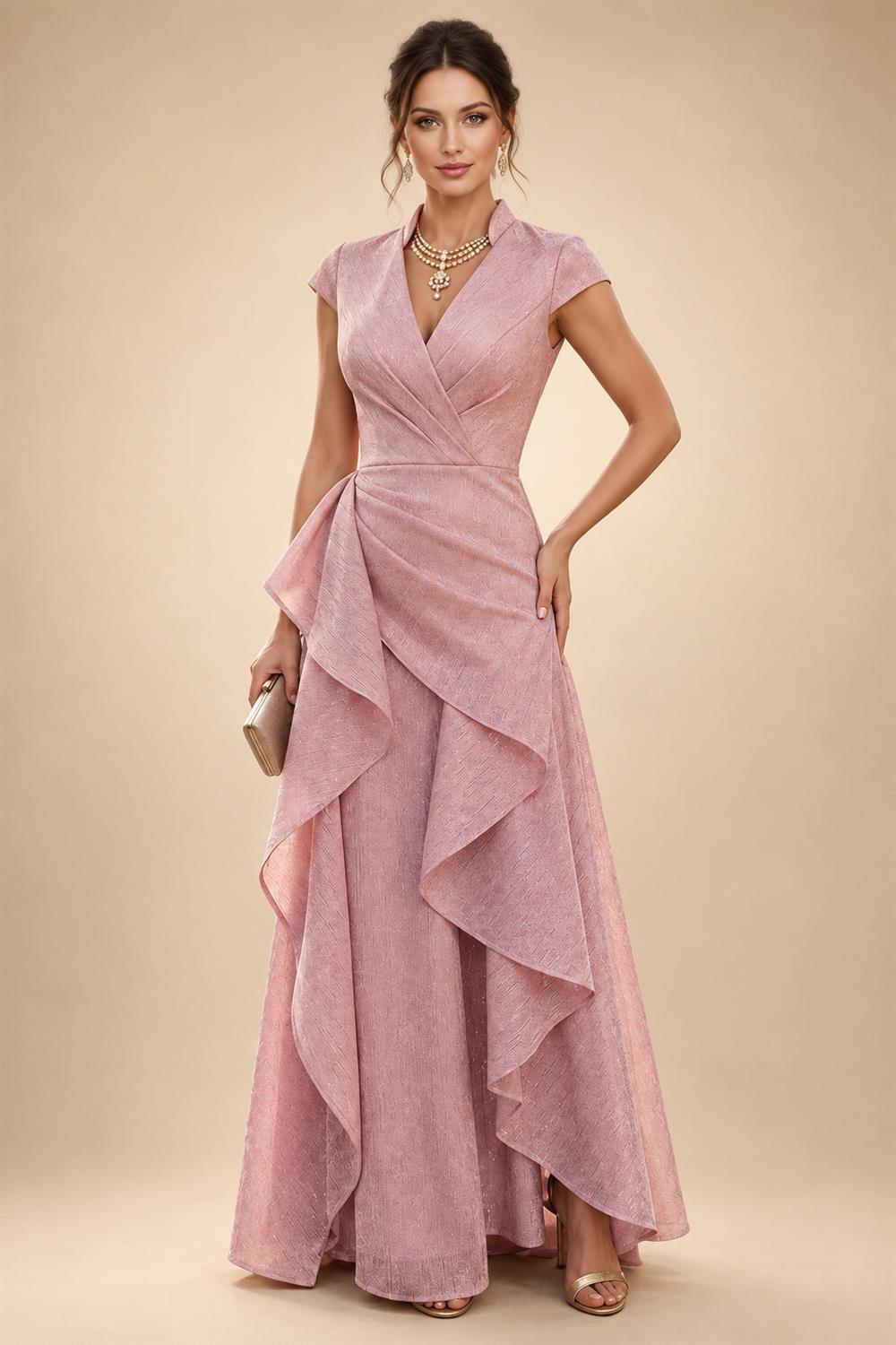 Sheath Chiffon Cape Sleeves Maxi Mother of the Bride & Groom Dresses with Ruched Waist (SHI22500727)